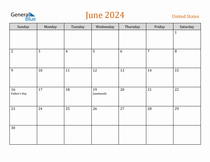 June 2024 Holiday Calendar with Sunday Start