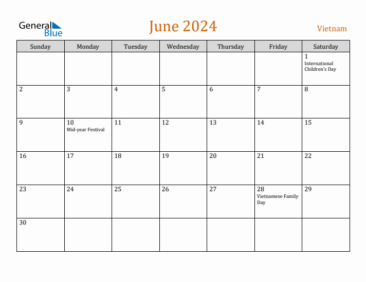 June 2024 Holiday Calendar with Sunday Start