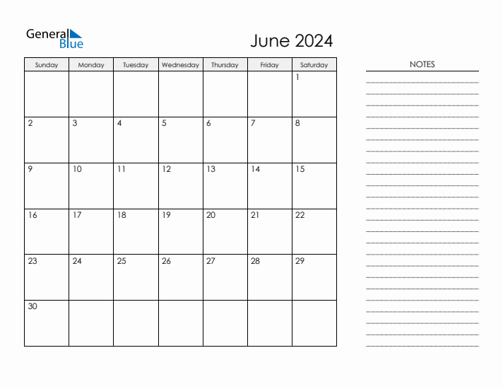 Printable Monthly Calendar with Notes - June 2024