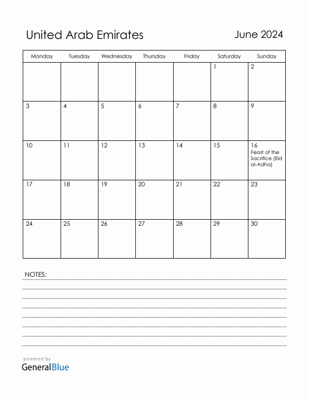 June 2024 United Arab Emirates Calendar with Holidays (Monday Start)