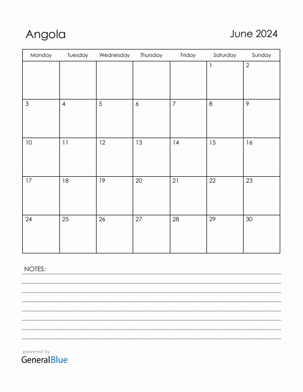 June 2024 Angola Calendar with Holidays (Monday Start)