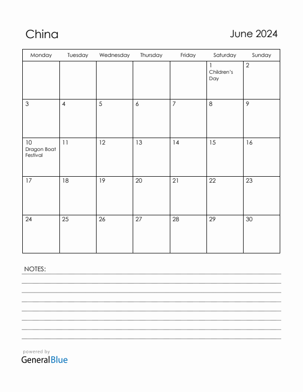 June 2024 China Calendar with Holidays (Monday Start)