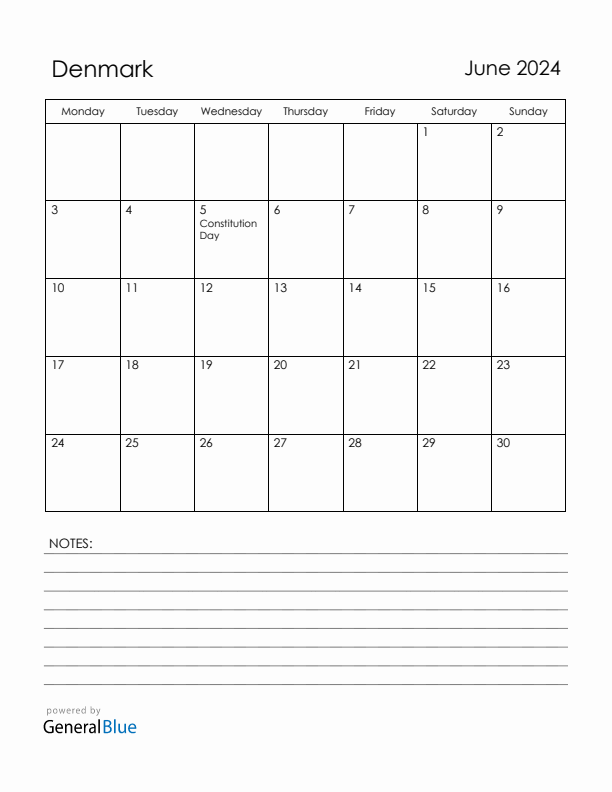 June 2024 Denmark Calendar with Holidays (Monday Start)