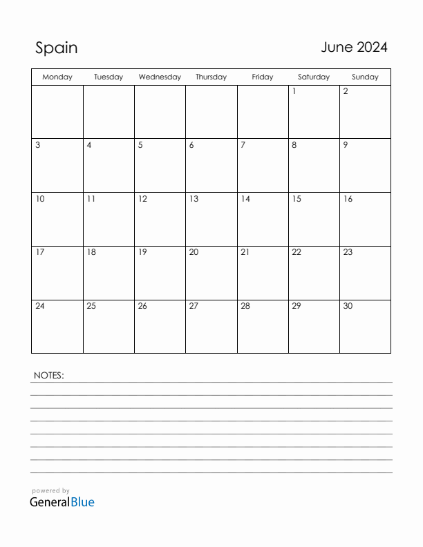 June 2024 Spain Calendar with Holidays (Monday Start)