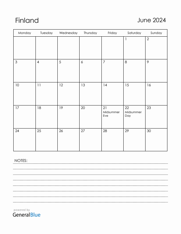 June 2024 Finland Calendar with Holidays (Monday Start)
