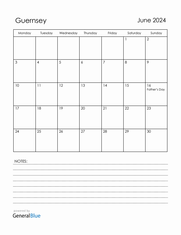 June 2024 Guernsey Calendar with Holidays (Monday Start)