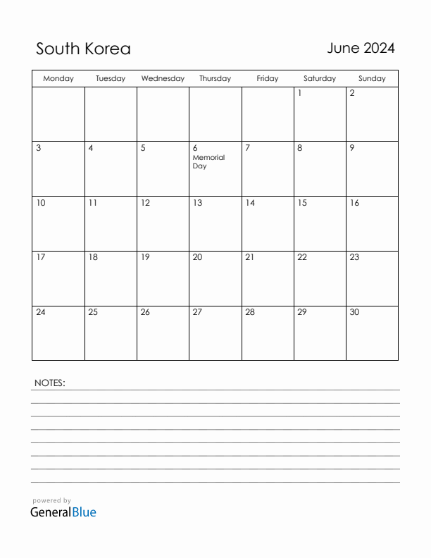 June 2024 South Korea Calendar with Holidays (Monday Start)