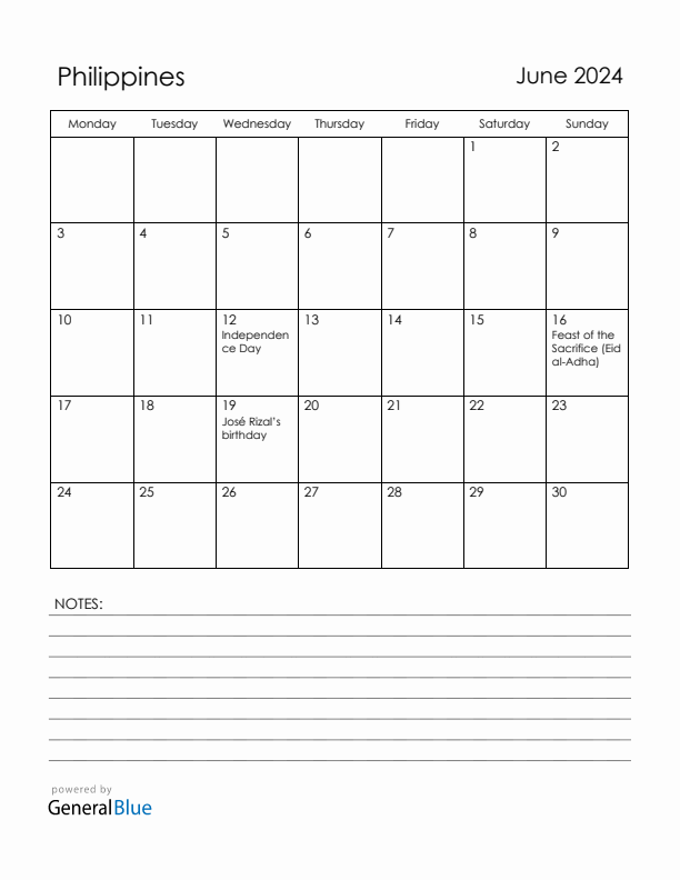 June 2024 Philippines Calendar with Holidays (Monday Start)