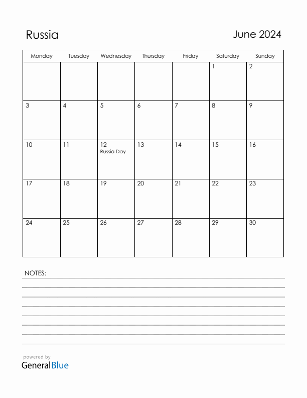 June 2024 Russia Calendar with Holidays (Monday Start)