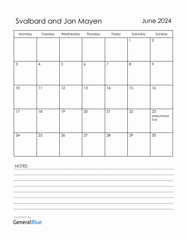 June 2024 Svalbard and Jan Mayen Calendar with Holidays (Monday Start)