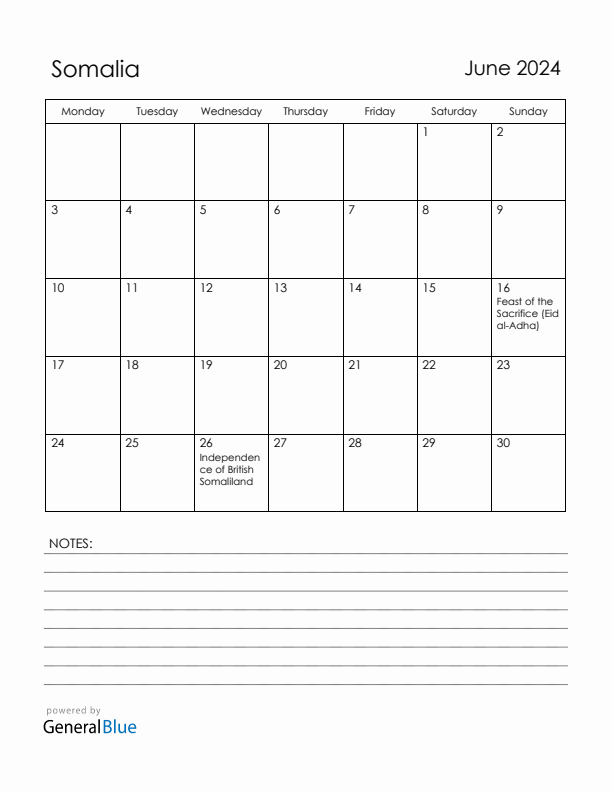 June 2024 Somalia Calendar with Holidays (Monday Start)