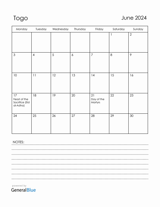 June 2024 Togo Calendar with Holidays (Monday Start)