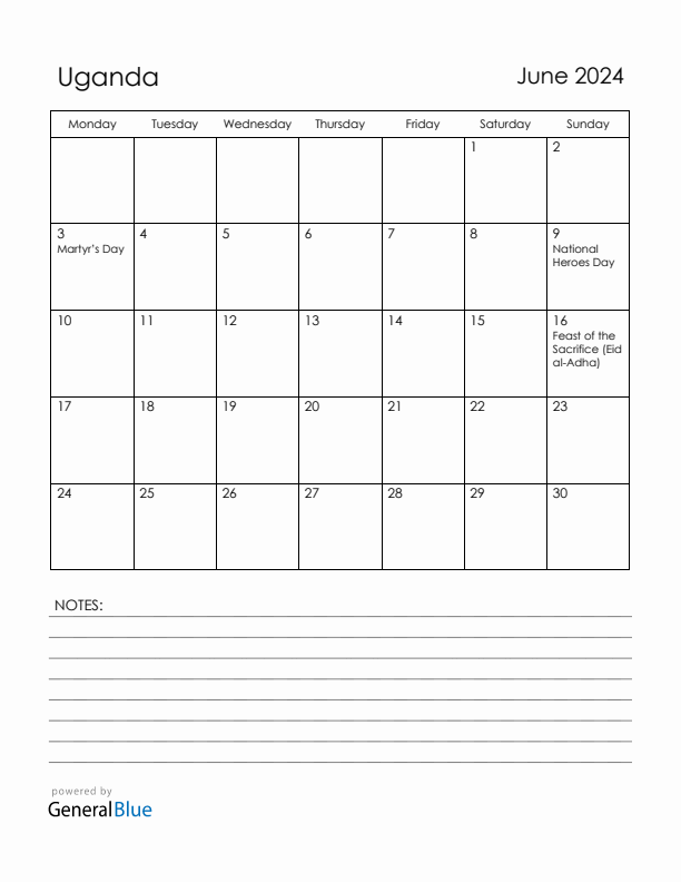 June 2024 Uganda Calendar with Holidays (Monday Start)