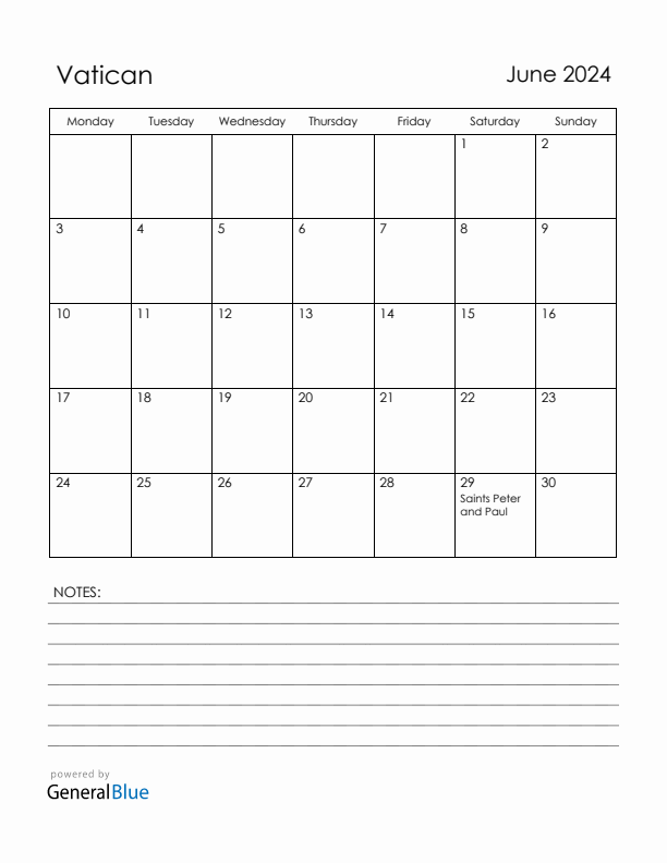 June 2024 Vatican Calendar with Holidays (Monday Start)