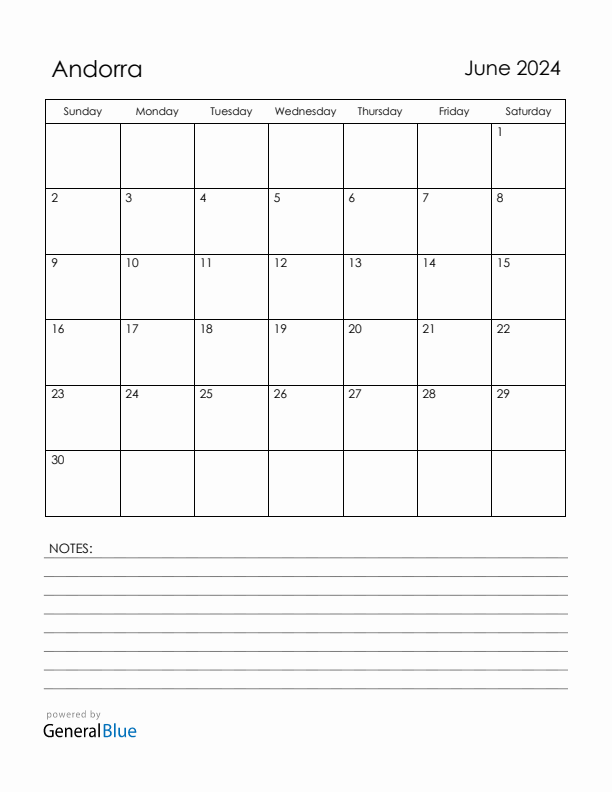 June 2024 Andorra Calendar with Holidays (Sunday Start)