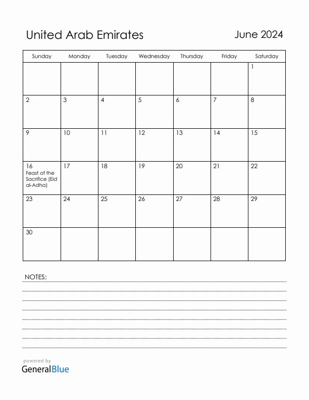 June 2024 United Arab Emirates Calendar with Holidays (Sunday Start)