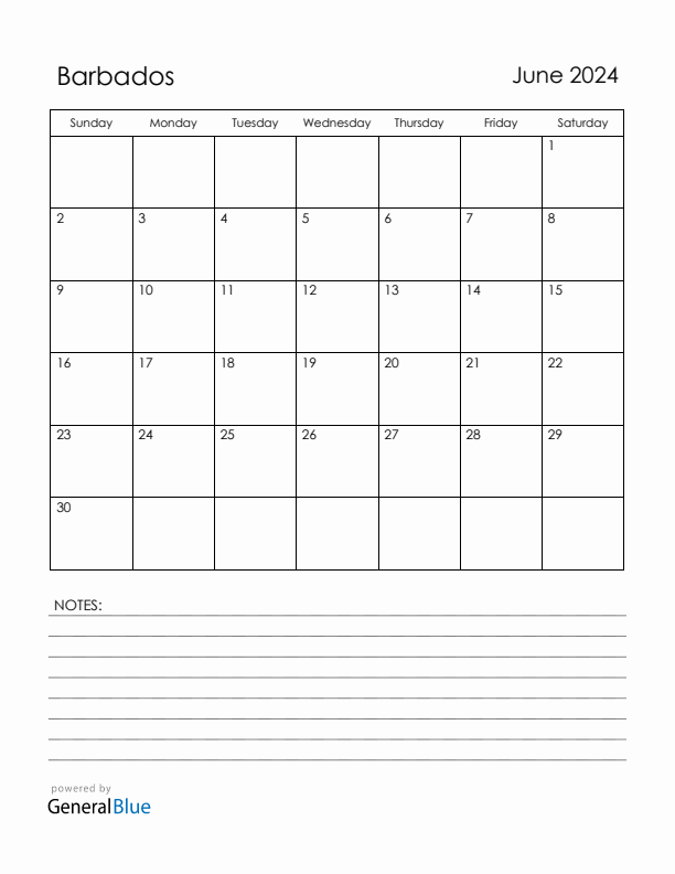 June 2024 Barbados Calendar with Holidays (Sunday Start)