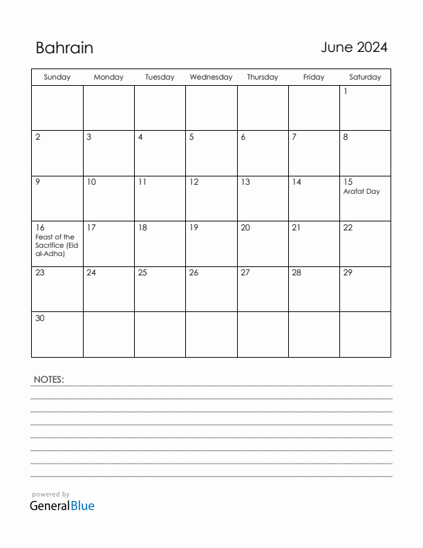 June 2024 Bahrain Calendar with Holidays (Sunday Start)