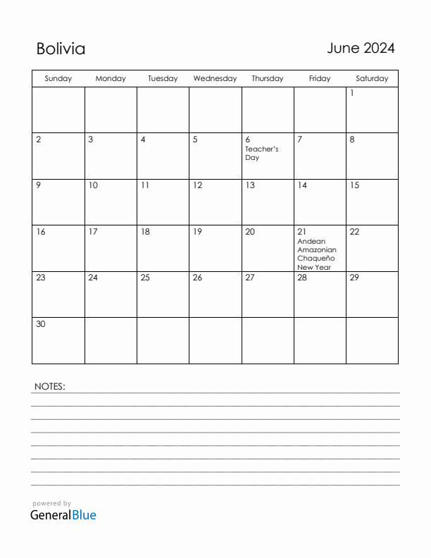 June 2024 Bolivia Calendar with Holidays (Sunday Start)