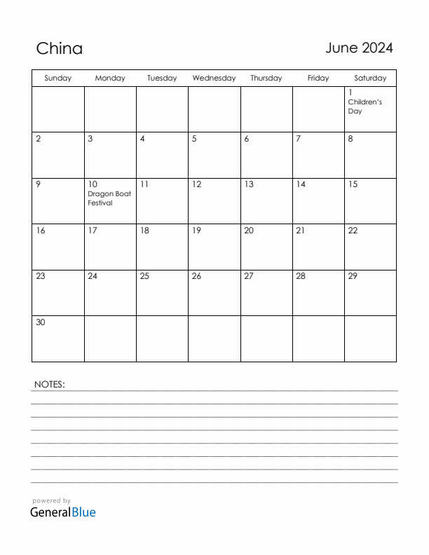 June 2024 China Calendar with Holidays (Sunday Start)