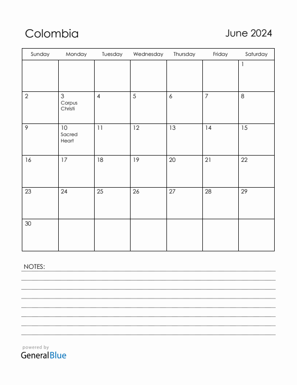 June 2024 Colombia Calendar with Holidays (Sunday Start)