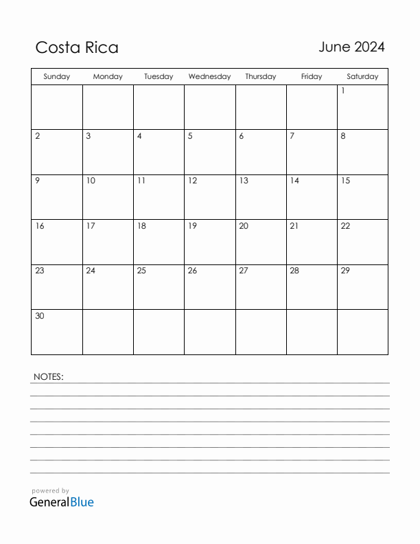 June 2024 Costa Rica Calendar with Holidays (Sunday Start)