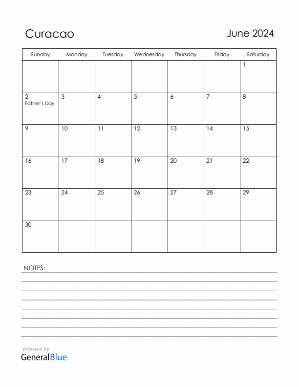 June 2024 Curacao Calendar with Holidays (Sunday Start)