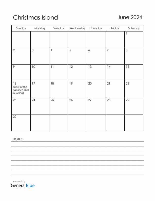 June 2024 Christmas Island Calendar with Holidays (Sunday Start)