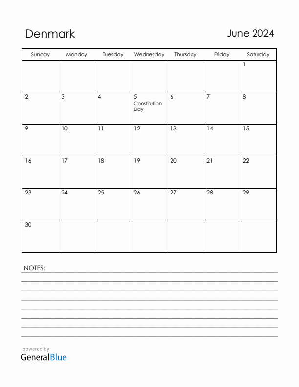 June 2024 Denmark Calendar with Holidays (Sunday Start)