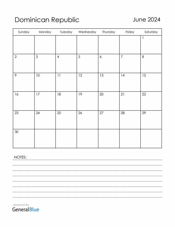 June 2024 Dominican Republic Calendar with Holidays (Sunday Start)