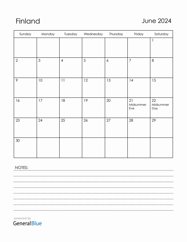 June 2024 Finland Calendar with Holidays (Sunday Start)