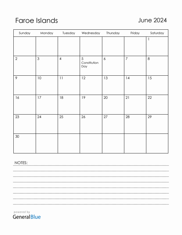 June 2024 Faroe Islands Calendar with Holidays (Sunday Start)