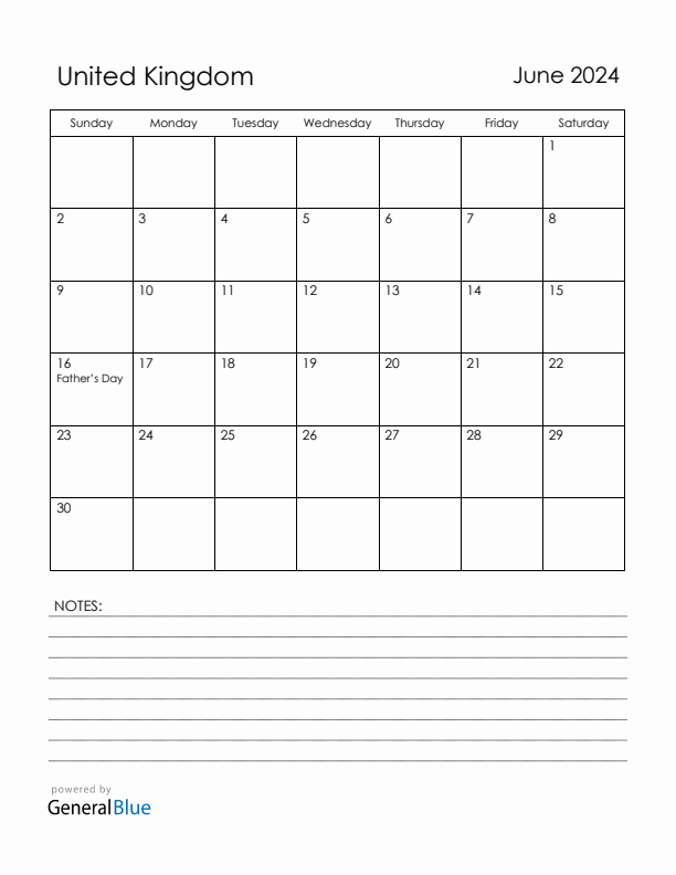 June 2024 United Kingdom Calendar with Holidays (Sunday Start)