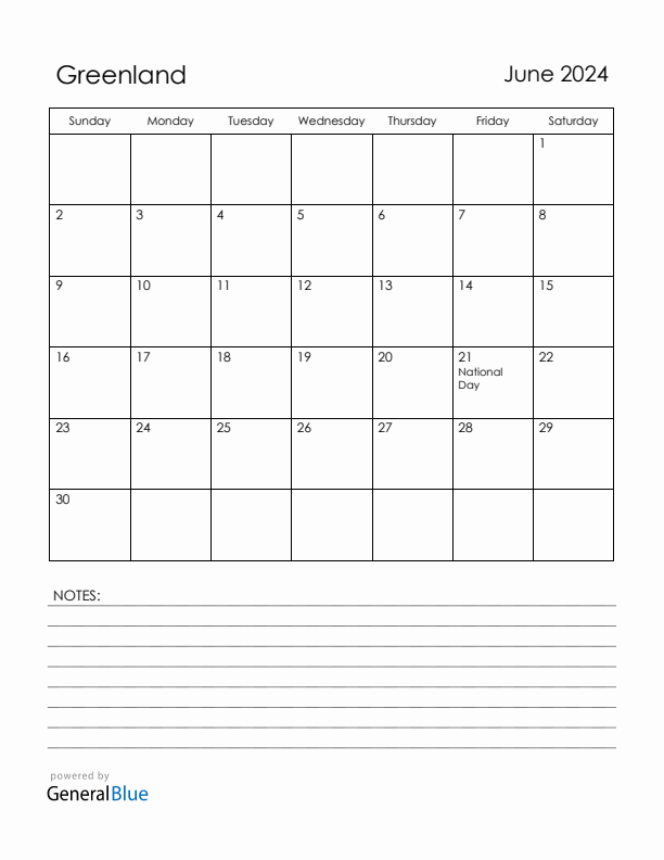 June 2024 Greenland Calendar with Holidays (Sunday Start)