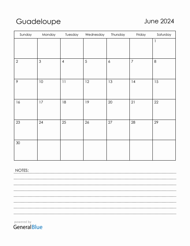 June 2024 Guadeloupe Calendar with Holidays (Sunday Start)