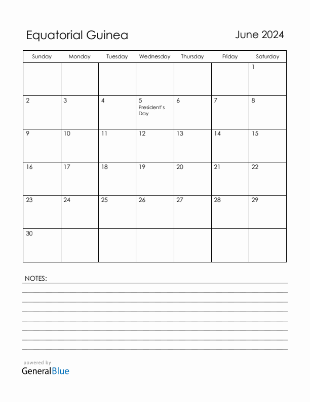 June 2024 Equatorial Guinea Calendar with Holidays (Sunday Start)