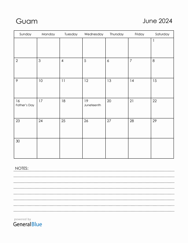 June 2024 Guam Calendar with Holidays (Sunday Start)