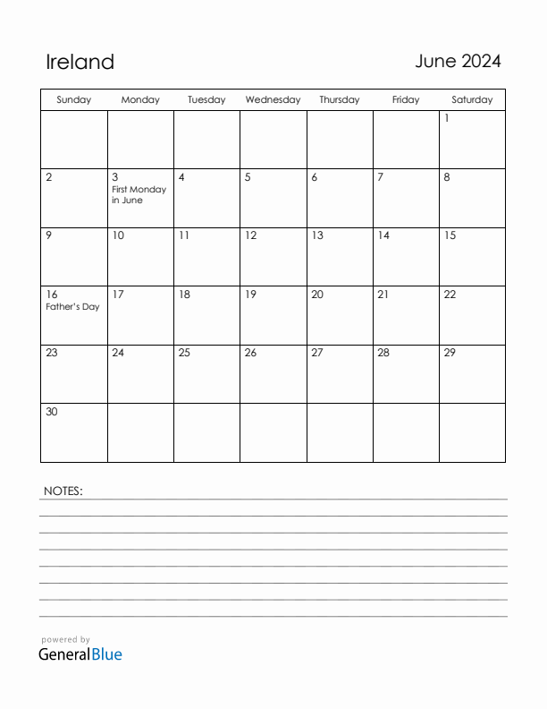 June 2024 Ireland Calendar with Holidays (Sunday Start)