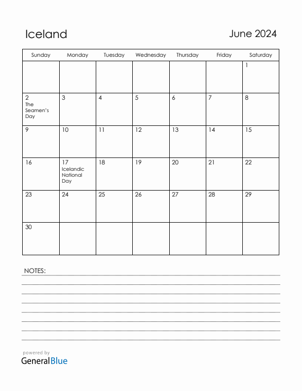 June 2024 Iceland Calendar with Holidays (Sunday Start)