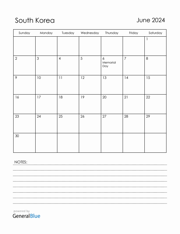 June 2024 South Korea Calendar with Holidays (Sunday Start)