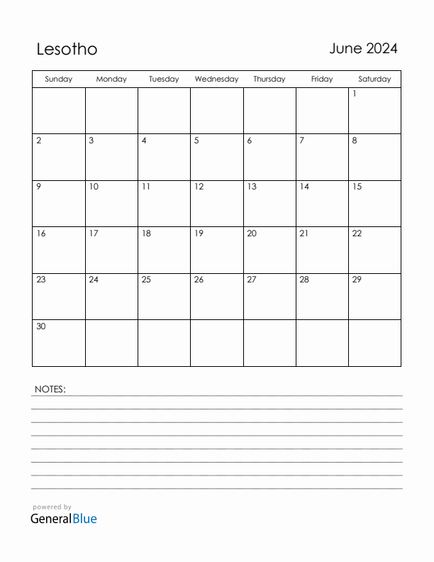 June 2024 Lesotho Calendar with Holidays (Sunday Start)