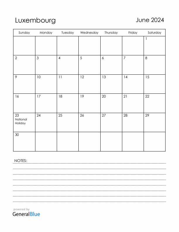 June 2024 Luxembourg Calendar with Holidays (Sunday Start)