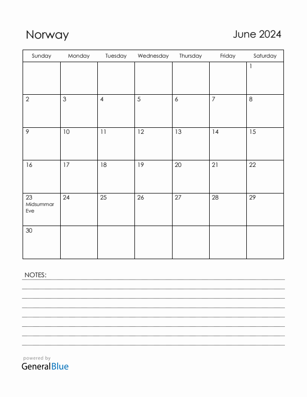 June 2024 Norway Calendar with Holidays (Sunday Start)