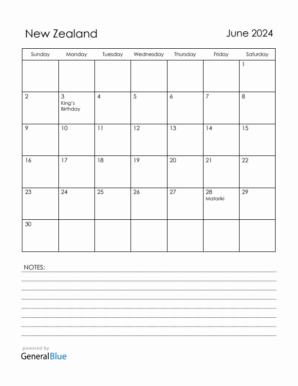 June 2024 New Zealand Calendar with Holidays (Sunday Start)