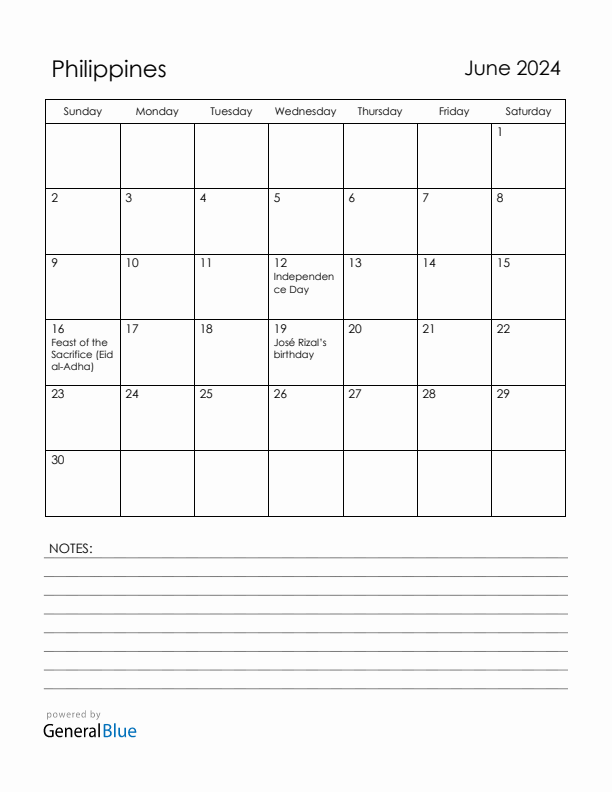 June 2024 Philippines Calendar with Holidays (Sunday Start)