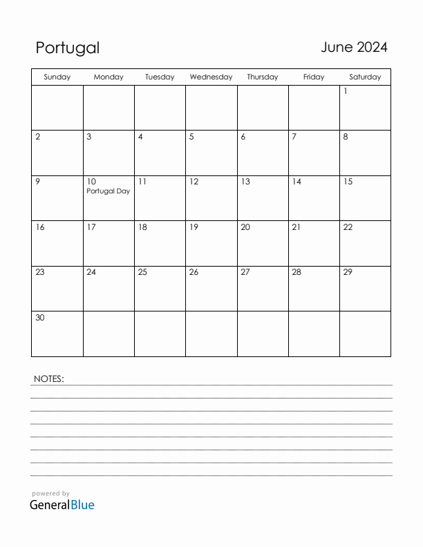 June 2024 Portugal Calendar with Holidays (Sunday Start)