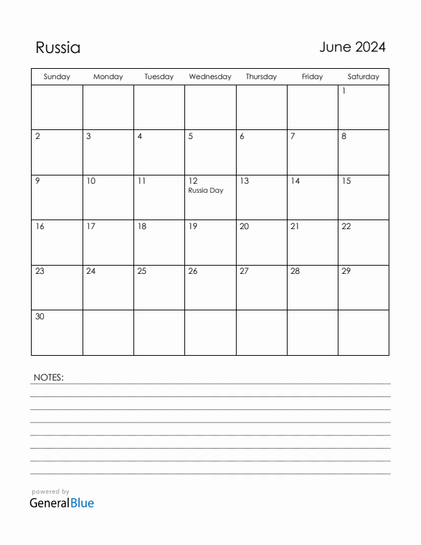 June 2024 Russia Calendar with Holidays (Sunday Start)