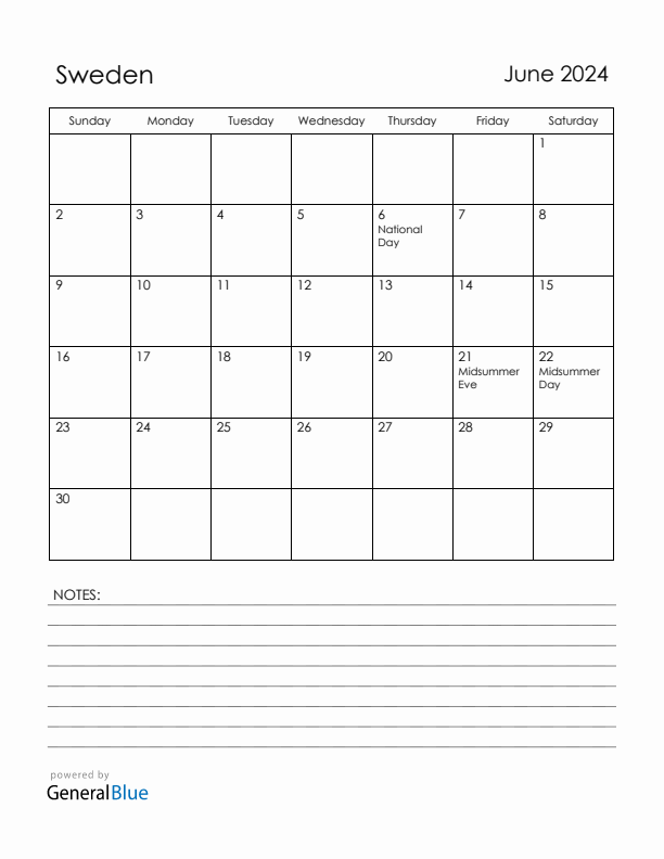 June 2024 Sweden Calendar with Holidays (Sunday Start)