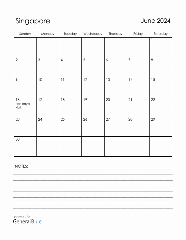 June 2024 Singapore Calendar with Holidays (Sunday Start)