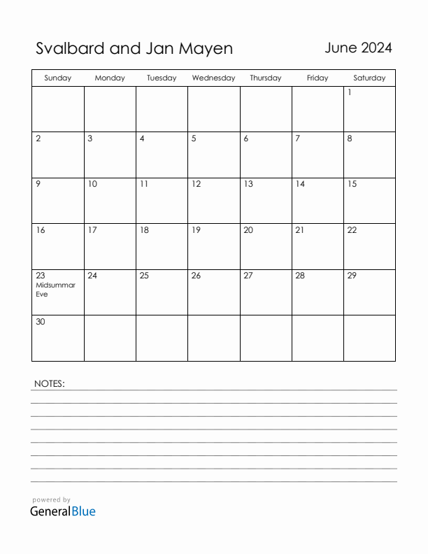 June 2024 Svalbard and Jan Mayen Calendar with Holidays (Sunday Start)